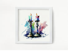 Load image into Gallery viewer, Shabbat Candlesticks Watercolor Art Print: Jewish Home Decor