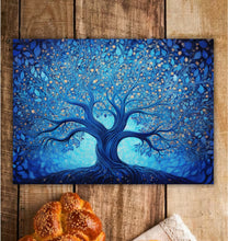 Load image into Gallery viewer, Blue Tree of Life Glass Challah Board: Shabbat Dinner Decor
