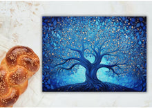 Load image into Gallery viewer, Blue Tree of Life Glass Challah Board: Shabbat Dinner Decor