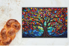 Load image into Gallery viewer, Glass Challah Board - Stained glass look Tree of Life, Etz Chaim Design, Tempered Glass, great for Shabbat dinners or as a gift