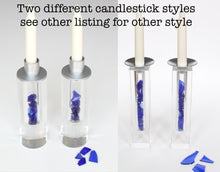 Load image into Gallery viewer, Fillable Broken Wedding Glass Shabbat Candlesticks: Cylindrical Crystal