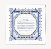 Load image into Gallery viewer, Ketubah - Intricate blue border design, multiple text options, fast shipping, budget friendly, for Jewish Wedding