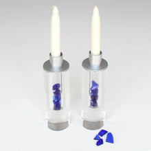Load image into Gallery viewer, Fillable Broken Wedding Glass Shabbat Candlesticks: Cylindrical Crystal
