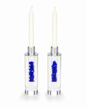 Load image into Gallery viewer, Fillable Broken Wedding Glass Shabbat Candlesticks: Cylindrical Crystal