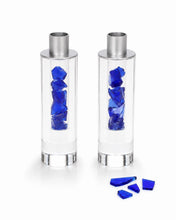 Load image into Gallery viewer, Fillable Broken Wedding Glass Shabbat Candlesticks: Cylindrical Crystal