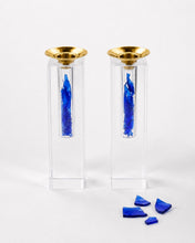 Load image into Gallery viewer, You Fill: Clear Acrylic Shabbat Candlesticks with your Broken Jewish Wedding Glass
