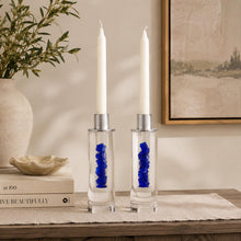 Load image into Gallery viewer, Fillable Broken Wedding Glass Shabbat Candlesticks: Cylindrical Crystal