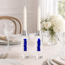 Load image into Gallery viewer, Fillable Broken Wedding Glass Shabbat Candlesticks: Cylindrical Crystal