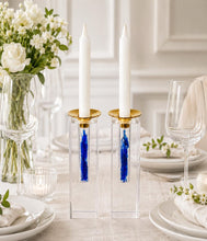Load image into Gallery viewer, You Fill: Clear Acrylic Shabbat Candlesticks with your Broken Jewish Wedding Glass