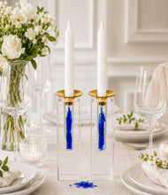 Load image into Gallery viewer, You Fill: Clear Acrylic Shabbat Candlesticks with your Broken Jewish Wedding Glass