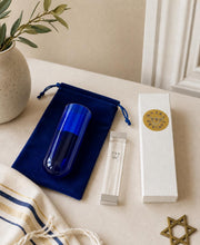 Load image into Gallery viewer, Wedding Glass Mezuzah Kit - Blue glass to break under the chuppah and a mezuzah to fill after your Jewish Wedding