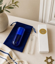 Load image into Gallery viewer, Wedding Glass Mezuzah Kit - Blue glass to break under the chuppah and a mezuzah to fill after your Jewish Wedding